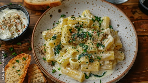 Creamy rigatoni pasta served on a rustic plate with herbs, alongside toasted bread and a small bowl of sauce, creating a deliciously inviting dish.