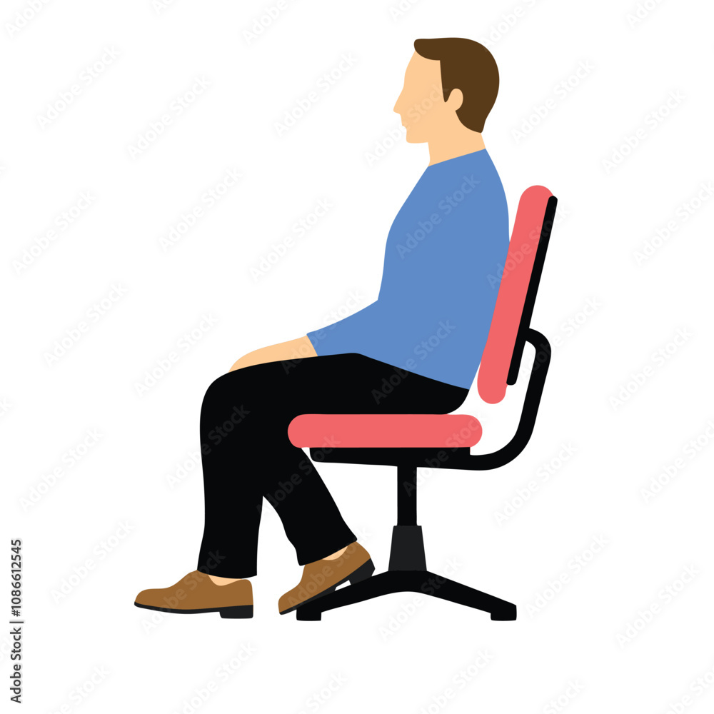 Fototapeta premium A man is sitting in a red chair. He is wearing a blue shirt and black pants. The chair is red and has a black frame