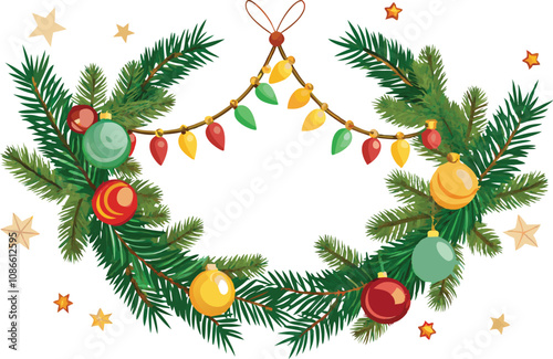 Christmas Tree Decoration with Festive Garland and Lights - Realistic Spruce Branch Frame.