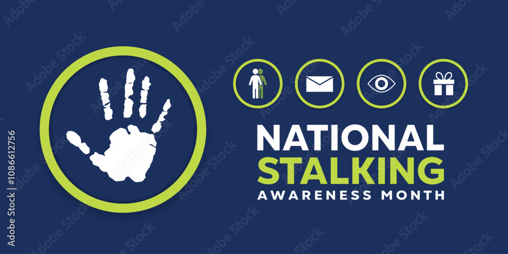 Fototapeta premium National Stalking Awareness Month. Hand, people, message, eye and gift. Great for cards, banners, posters, social media and more. Dark blue background.