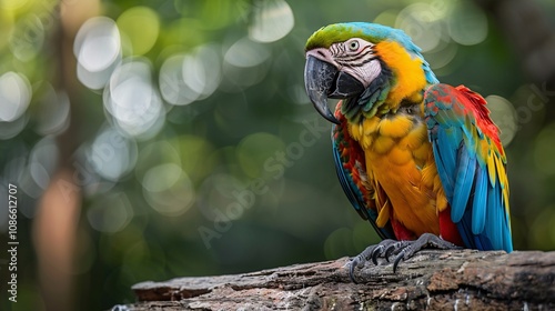 Macaw perched on a Caribbean log, vibrant colors captured in natural light, expertly post-processed with color grading, HD wildlife photography, 8K quality, with depth of field photo