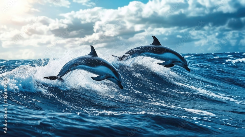 Obraz premium Dolphins Leaping Through Waves