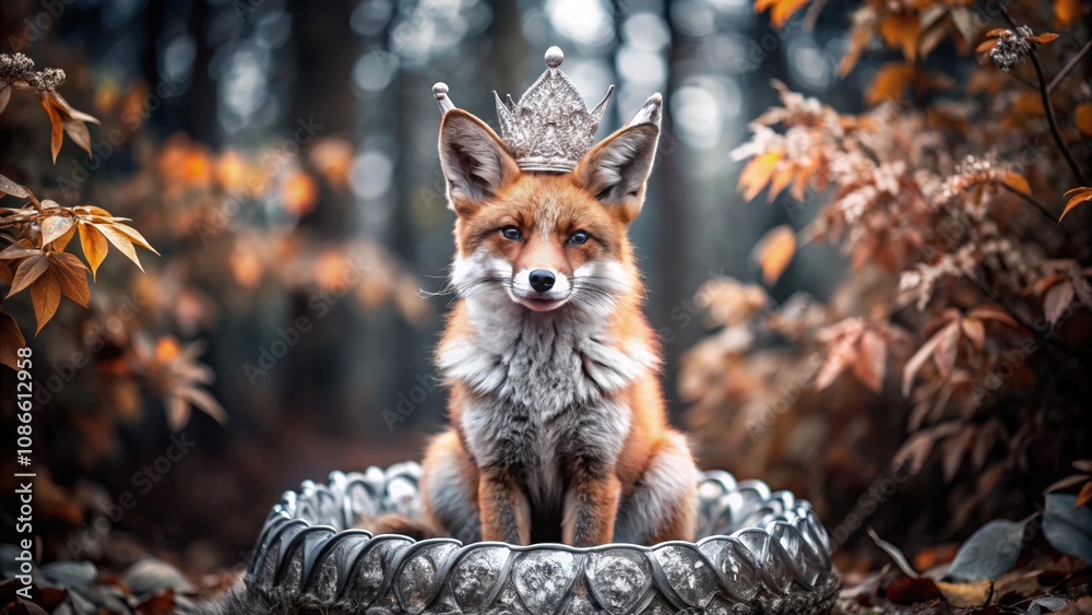 Naklejka premium A Red Fox Wearing a Crown in an Autumnal Forest