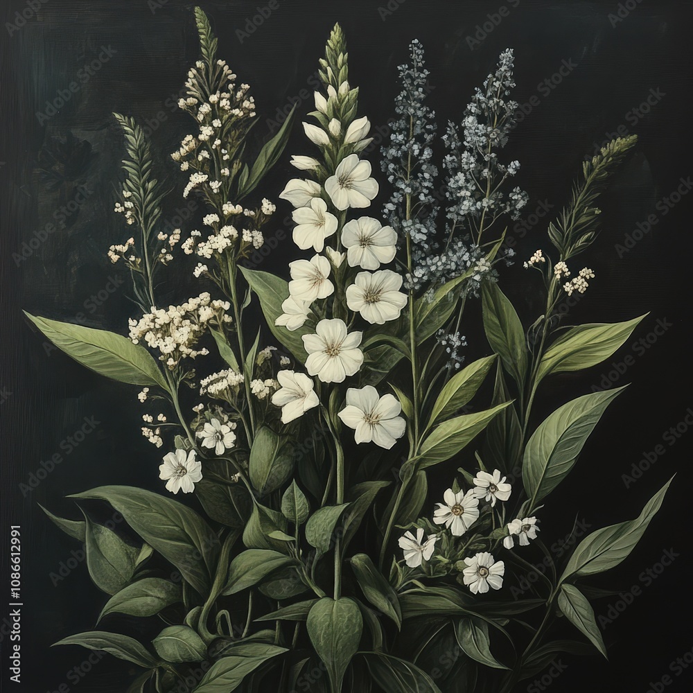 Naklejka premium A beautiful arrangement of diverse flowers with green leaves on a dark backdrop, showcasing nature's intricate details and elegance.