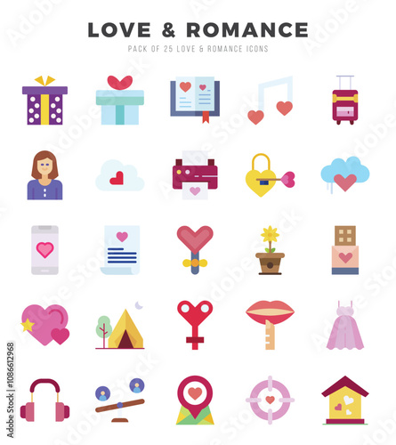 Set of simple Flat Love & Romance Icons. Flat art icons pack.