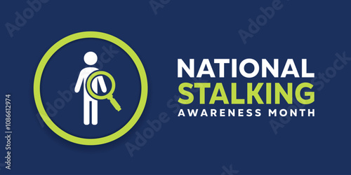 National Stalking Awareness Month. People and magnifying glass. Great for cards, banners, posters, social media and more. Dark blue background.