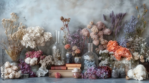 A beautiful arrangement of dried flowers and vintage books in glass jars, creating a serene and artistic display.