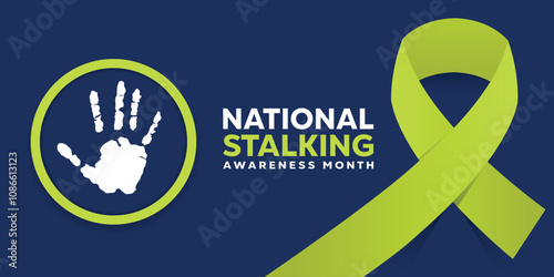 National Stalking Awareness Month. Hand and ribbon. Great for cards, banners, posters, social media and more. Dark blue background.