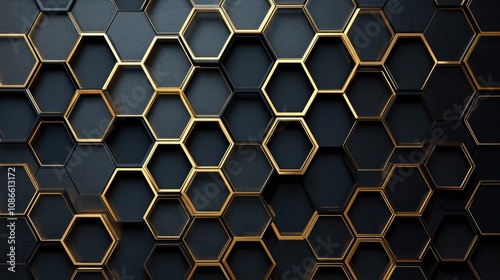 Hexagon grid with metallic gold outlines on a black background, creating a luxurious and elegant feel