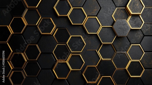 Hexagon grid with metallic gold outlines on a black background, creating a luxurious and elegant feel