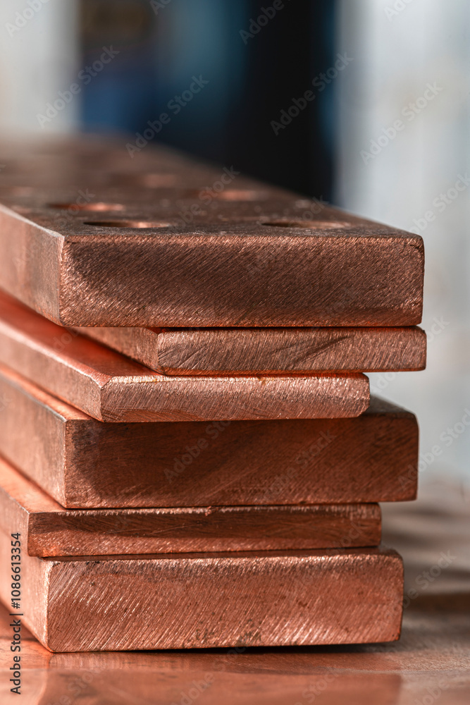 Close-up of stacked copper flat bars with a metallic sheen, for industrial construction and engineering use Close-up of stacked copper flat bars with a metallic sheen, for industrial construction and engineering use
