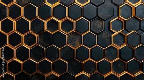 Hexagon grid with metallic gold outlines on a black background, creating a luxurious and elegant feel