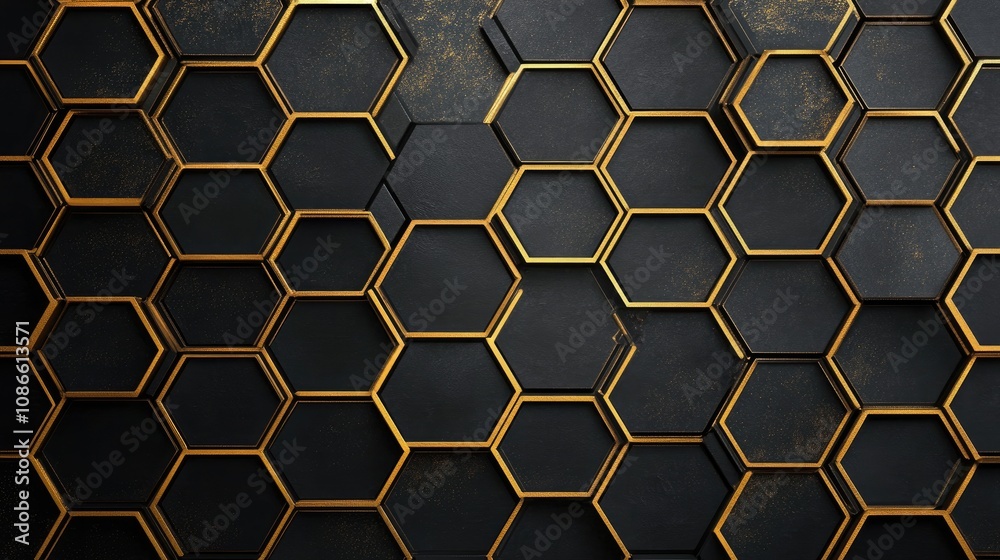 Hexagon grid with metallic gold outlines on a black background, creating a luxurious and elegant feel