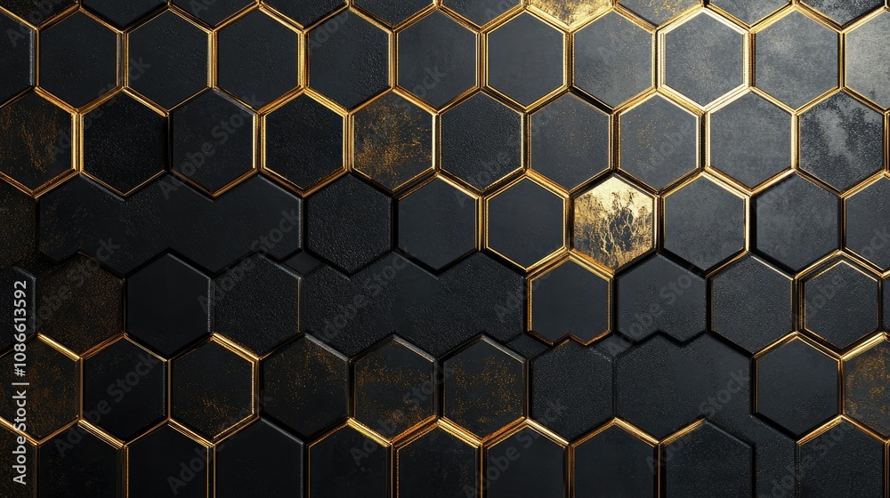 Hexagon grid with metallic gold outlines on a black background, creating a luxurious and elegant feel Hexagon grid with metallic gold outlines on a black background, creating a luxurious and elegant feel
