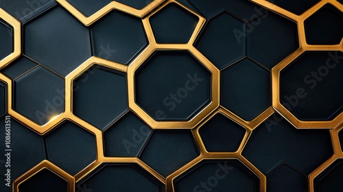 Hexagon grid with metallic gold outlines on a black background, creating a luxurious and elegant feel