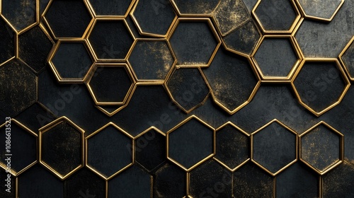 Hexagon grid with metallic gold outlines on a black background, creating a luxurious and elegant feel