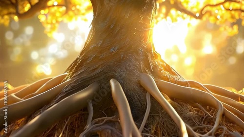 A majestic tree with sprawling roots, bathed in warm sunlight, creating a serene and vibrant natural scene. photo