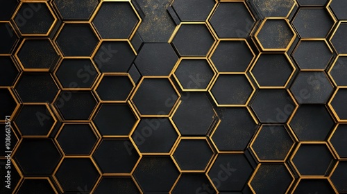 Hexagon grid with metallic gold outlines on a black background, creating a luxurious and elegant feel