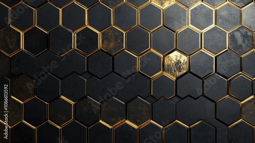 Hexagon grid with metallic gold outlines on a black background, creating a luxurious and elegant feel