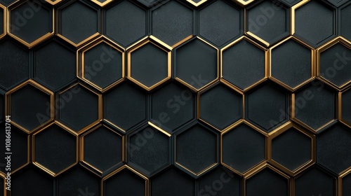 Hexagon grid with metallic gold outlines on a black background, creating a luxurious and elegant feel