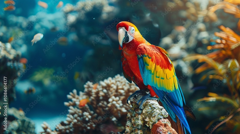 Macaw perched on a Caribbean coral reef, natural light emphasizing vibrant colors, detailed post-processing and color grading, HD wildlife photography, 8K resolution, with depth of field Macaw perched on a Caribbean coral reef, natural light emphasizing vibrant colors, detailed post-processing and color grading, HD wildlife photography, 8K resolution, with depth of field