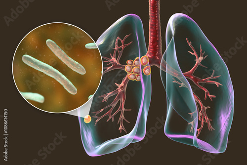 Primary lung tuberculosis with the Ranke complex, 3D illustration photo