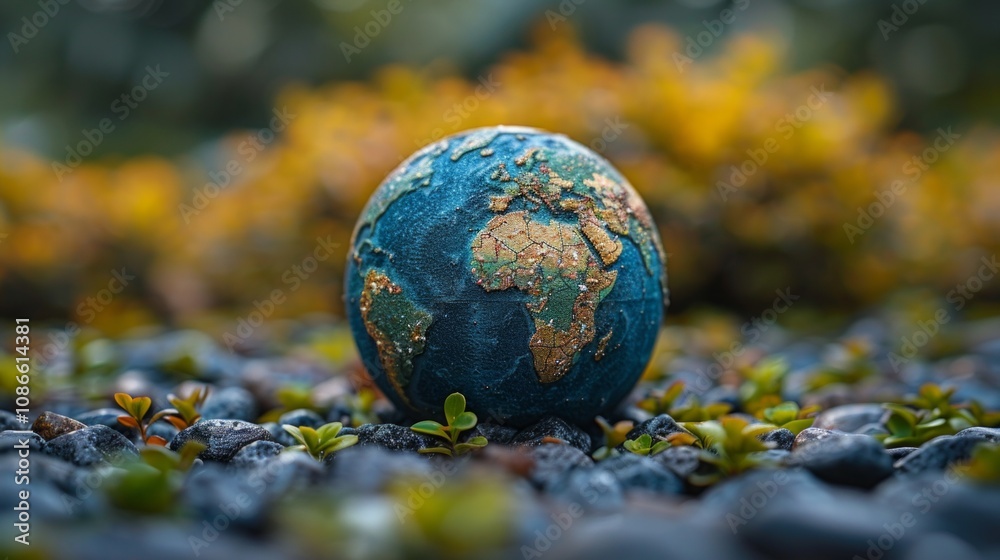 A textured blue globe rests on a bed of small grey stones and greenery. AI generative. . A textured blue globe rests on a bed of small grey stones and greenery. AI generative. .