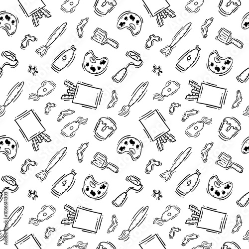 Hand drawn Artist tools seamless pattern. Art supplies pattern background