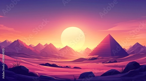 Retro Pixel Desert Landscape with Pyramids and Glowing Pixelated Sun