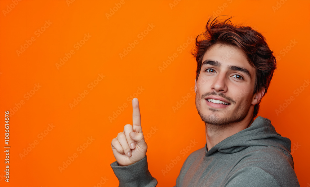 Smiling and pleased handsome man pointing finger to the free space for your promotion text. Isolated orange background with your promotion space. Smiling and pleased handsome man pointing finger to the free space for your promotion text. Isolated orange background with your promotion space.