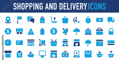 Shopping and Delivery set of blue icon. Location Pin, Flag, Lock, Chat, Suitcase, Trolley, Bag, Cash, Cargo Truck, Dollar, Error, Cargo Train, Dollar Coin, Satellite Dish vector.	
