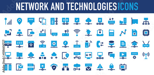 Network and Technologies set of blue icon. Network, Electronic Device, Mobile Application, Ethernet, Pc, Document, Check, Virtual Reality, Cloud Computing, User Avatar vector.	
