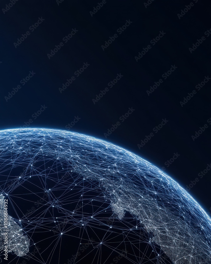 Obraz premium A digital representation of Earth with interconnected lines, symbolizing global connectivity and technology in a dark, starry background.