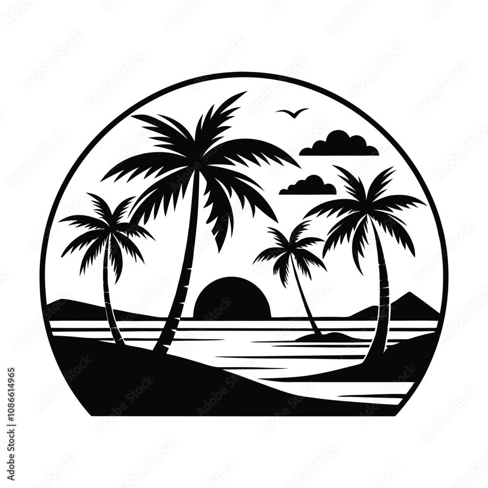 Beach Scene silhouette Clipart Design - Sea Beach Scene illustration in black and white
