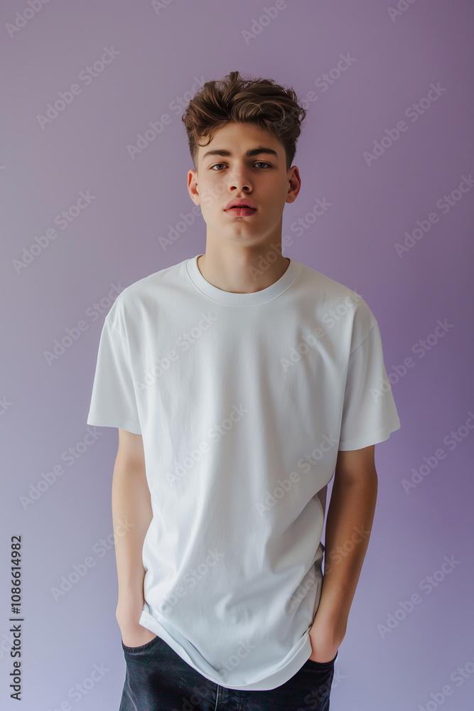 Boy wear white t shirt mockup in front of purple wall Boy wear white t shirt mockup in front of purple wall