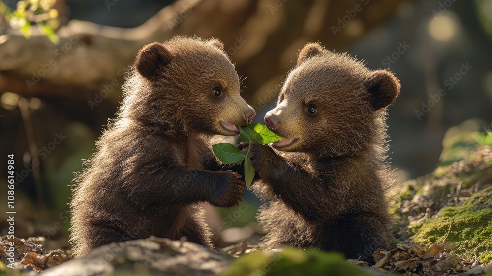 Obraz premium Two Bear Cubs Sharing a Leaf in the Forest