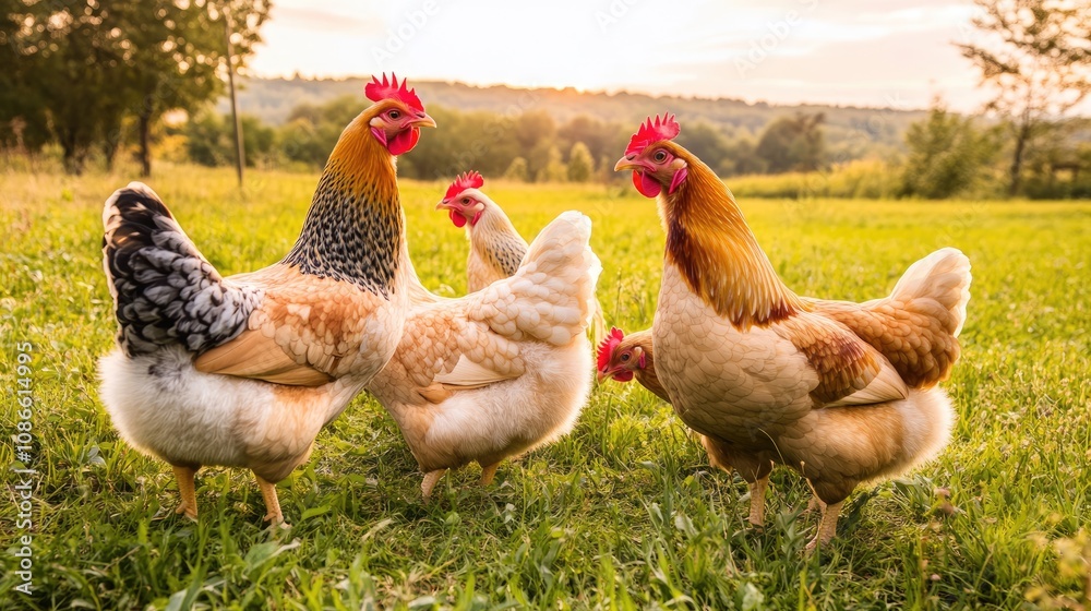 Fototapeta premium A Group of Chickens in a Lush Meadow at Sunset