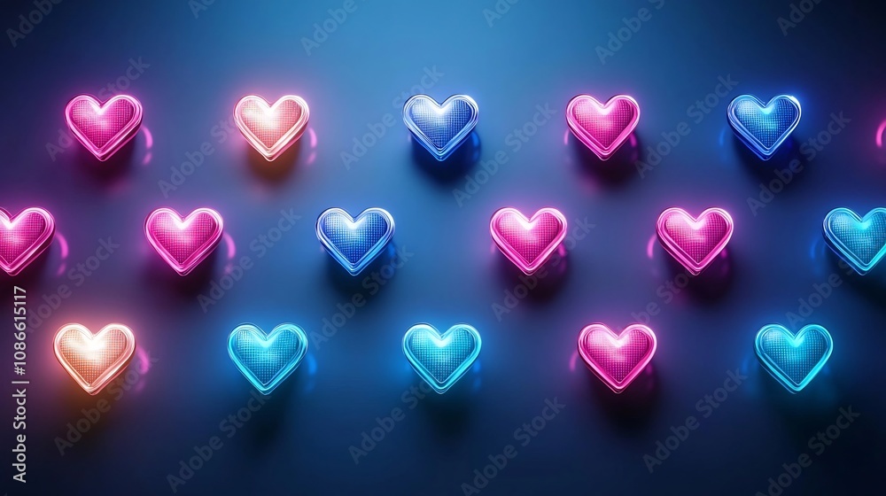 Fototapeta premium Vibrant Pixel Heart Icons Glowing in Assorted Neon Colors