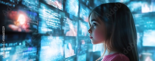 Young Girl Surrounded by Holographic Screens Depicting Cyberbullying s Omnipresence