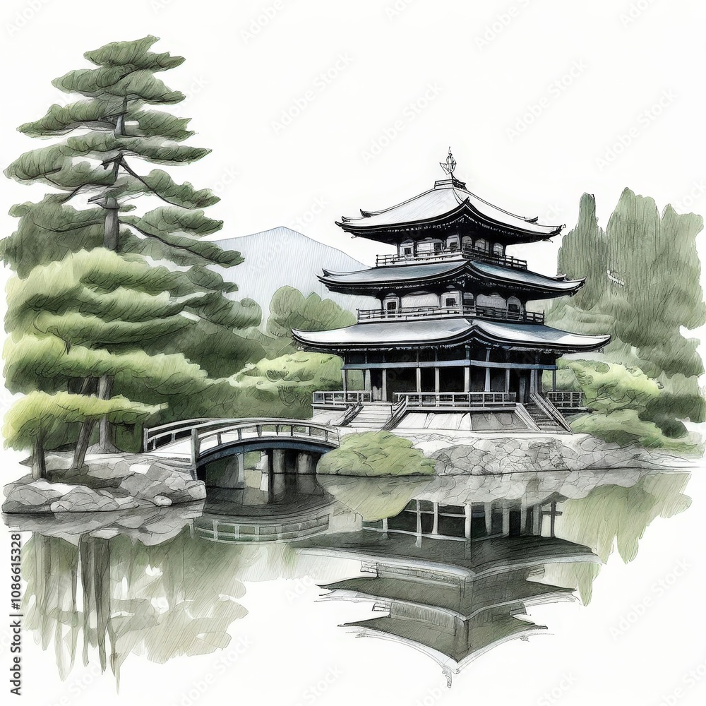 Naklejka premium the AI Image Generator, Japanese Temple Pencil Drawing
