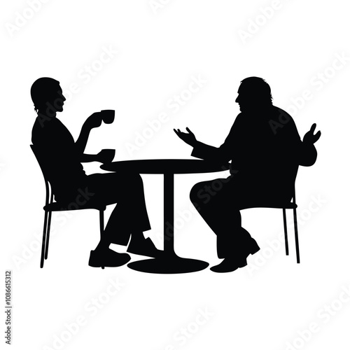 Two people sitting at a table. One of them is holding a cup. The table is round