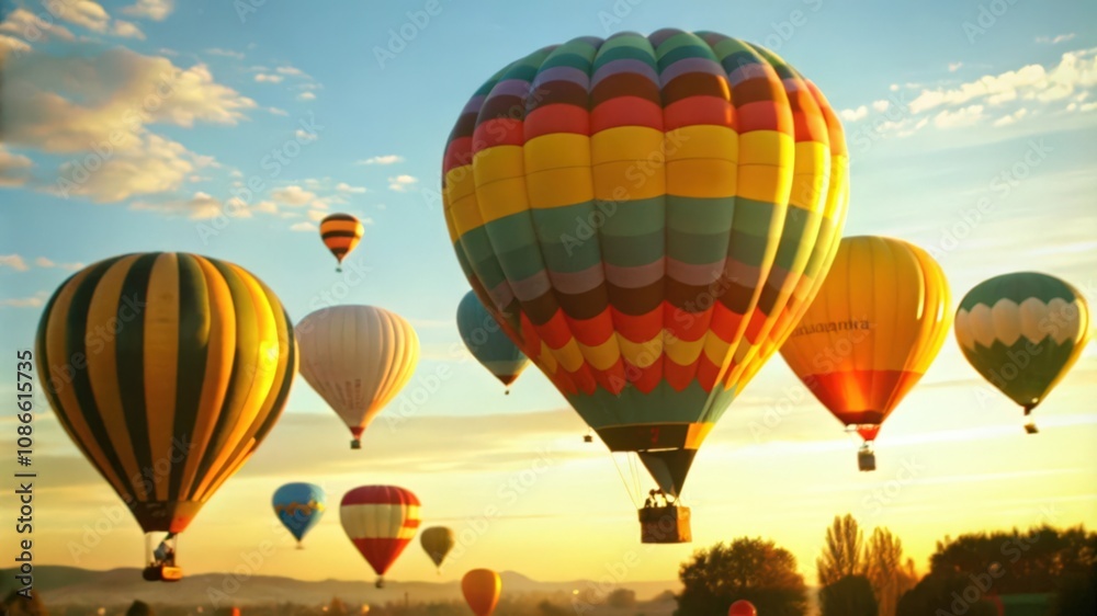 Fototapeta premium Colorful Hot Air Balloons Soaring Through a Golden Sky at Sunrise