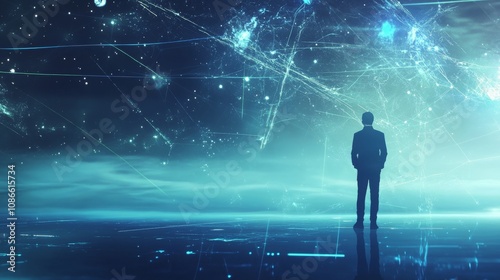 Futuristic view of a person in a digital landscape.