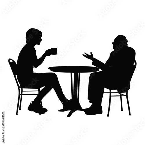 Two people sitting at a table. One of them is holding a cup. The table is round