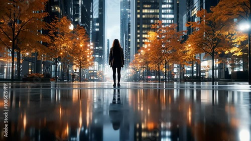 Solitary silhouette stands amid rain-slicked urban plaza. Golden autumn trees line path between modern skyscrapers. Night lights create perfect mirror reflection on wet surface. 