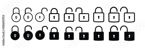 Lock icon collection. Locked and unlocked black line icon set. Flat security symbol.