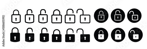Lock icon collection. Locked and unlocked black line icon set. Flat security symbol.