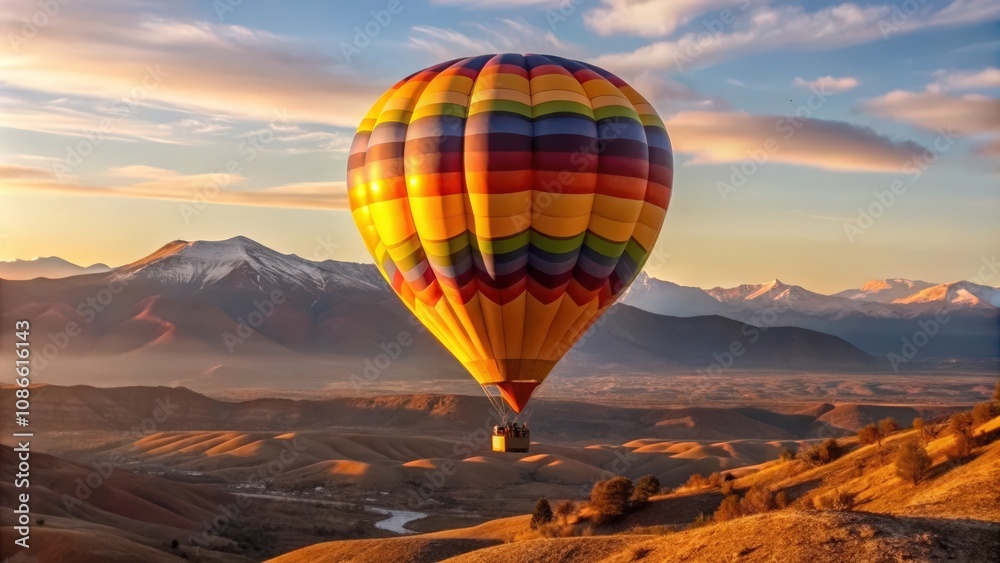 A Colorful Hot Air Balloon Soaring Over Rolling Hills and Mountains at Sunset A Colorful Hot Air Balloon Soaring Over Rolling Hills and Mountains at Sunset
