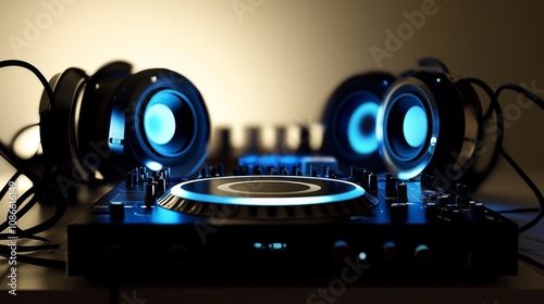 Modern DJ equipment with vibrant blue lighting. photo