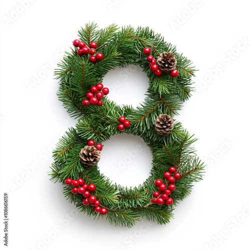 Christmas Number 8 with festive joy, embellished with pine and berries, ideal for holiday crafts and greeting cards.